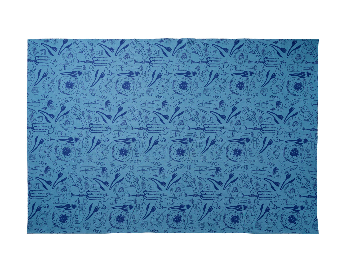 Summer Scribbles- Blue on Blue - %100 Cotton Linen - Masa Örtüsü