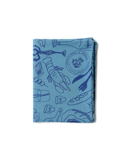 Summer Scribbles- Blue on Blue - %100 Cotton Linen - Masa Örtüsü