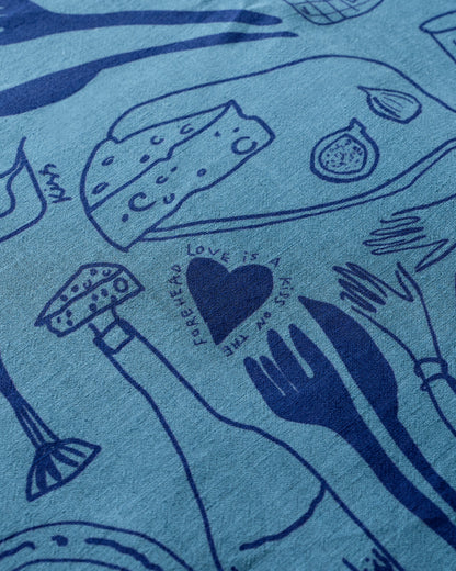 Summer Scribbles- Blue on Blue - %100 Cotton Linen - Masa Örtüsü